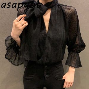 V Neck Lace Up Bow Blouse Women Pleated Thin Polka Dot Transparent Flared Sleeve Chiffon Shirt Top Blusas Mujer Fashion Chic 210610