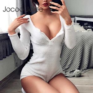 Jocoo jolee kvinnor elegant vinter långärmad flanell bodysuits sexig knapp v hals korta jumpsuits casual kvinnliga övergripande romper 210619