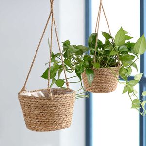 Macrame Wiszące Zakoszczał Roślinowy Kosz Ogród Outdoor Indoor Roślin Wieszaki Jutowa Lina Woven Wiszący Sadzarka Dekoracja Freeshipping Y0910