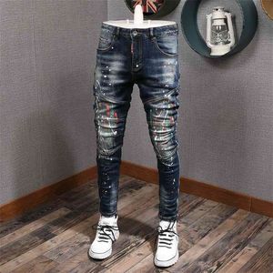 Fashion Streetwear Men Jeans High Quality Slim Fit Paint Designer Elastic Hip Hop Pants Spliced Biker Homme 210716