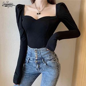 Spring Square Collar Short Sexy Top Women Office Lady White Blouse Shirt Female Vintage Puff Sleeve Black Shirts Blusa 12605 210521
