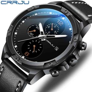 Top Luxury Brand Crrju Mens Klockor Casual Snygg Kronograf Äkta Läder Quartz Armbandsur med datum Display 210517
