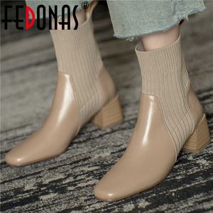 Square Toe Women's Boots Genuine Leather High Heels Shoes Woman Fall Winter Office Lady Ankle 210528