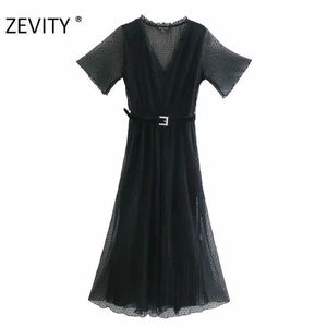 Zevity Frauen Mode V-Ausschnitt Punkte Muster Schärpen Mesh Kleid Büro Dame Kurzarm Rüschen Vestido Chic Business Kleider DS4412 210603