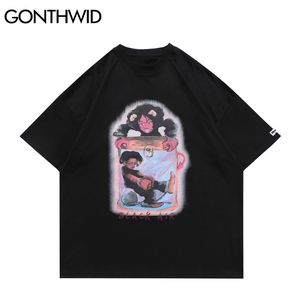 Oversized T-shirts Hip Hop Graffiti Cartoon Print Tshirts Streetwear Mens Summer Fashion Casual Short Sleeve Tees Toppar 210602