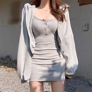 Ladies' Spring Autumn Street Fashion All-match Sling Dress Japanese Korean Gress Woman's Two-piece Drawstring Hooded Jacket Tops 211101