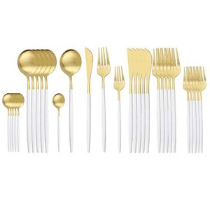 30st Vit guld bestick set matt knivsked gaffel porslin rostfritt stål dinnerware kök bestick svart 210928