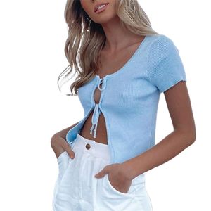 Mulheres Camisetas Verão Sexy Senhoras V-Pescoço Lace-Up Moda Ribbed Knitting Split Split Hollow Bandage Tops Slim Roupas 210522