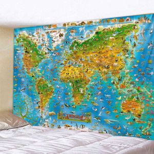 ノルディックスタイルの動物の世界地図タペストリーの壁掛けのポーラピービーチタオルポリエステル薄い毛布ヨガショールマット210609