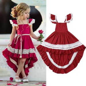 Dzieci Dziewczyny Czerwony Nieregularny Korowód Urodziny Dresses Koronki Dla Dzieci Latający Rękaw Ruffled Elegancka Długa Sukienka Odzież q0716