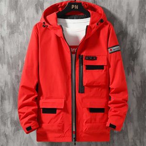 Spring Autumn Hooded Windbreaker Jacket Men Red Black Khaki Multi-Pockets Ytterkläder blixtlåsaren Plus storlek Casual Jackets 9xl 211025