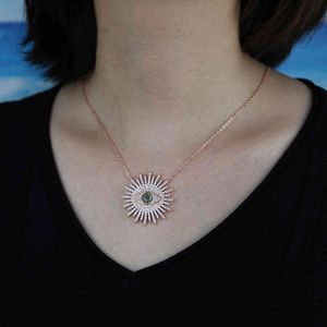 Large big necklace with cz paved sun flower round pendant lucky turkish evil eye Charm women chain jewelry