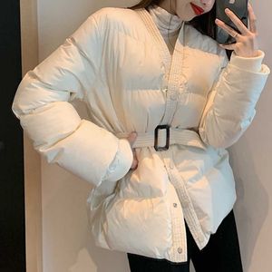 LY VAREY LIN Winter Women Fashion Solid Color Beige Black Slim Elegent V-neck Cotton Coat with Belt Single Breasted Outwear 210526