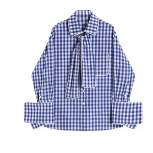 Camisa xadrez azul outono design retro solto full fino desligamento para baixo colarinho bow mulheres blusas 210615