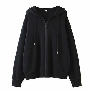 Autumn Women Black Hoodies Sweatshirts Loose Long Sleeve Hooded Zip-up Tops Female Fashion Street 210513