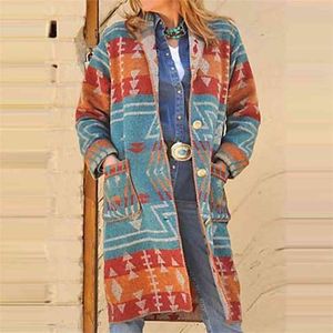 Autunno Inverno soprabito in stile nazionale nazione stile stampa a maniche lunghe trench cappotto donne tuta sportiva cappotti retrò tasca 210517