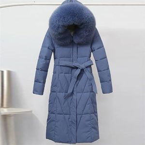 ロングダウンコットンジャケット厚厚冬の女性コートプラスサイズの緩い暖かいアウタービッグファーカラーフード付き女性Parka 210819