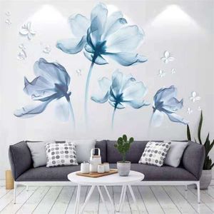 Duży 3d Blue Flower Butterfly Salon Sypialnia Dekoracji Winylowe Naklejki Ścienne DIY Nowoczesny Wall Decor Wall Art Plakat 210929
