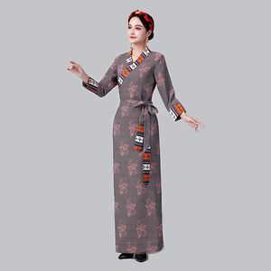 Traditional ethnic stage wear asian Tibetan gown classical oriental costume Women embroidered elegant Long Dress Minority robe Garment