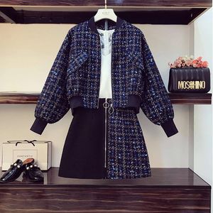 Abito a due pezzi Plus Size Donna Set Autunno e inverno Giacca corta patchwork in tweed + minigonna 2 Abbigliamento scozzese Dr1031