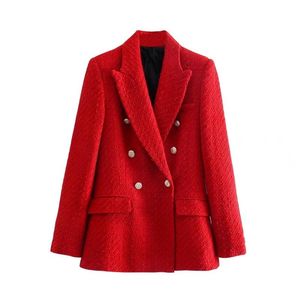 Women's Suits & Blazers Fall Women Red Blazer Coat 2021 Tweed Jacket Notched Neck Double Breasted Slim Suit Office Lady Casual Business Jack