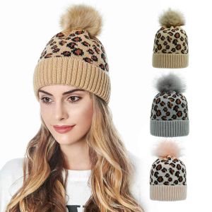 Fashion Jacquard Leopard Women's Hat Faux Fur Pompoms Beanie Caps Winter Warm Knit Hats gorros mujer invierno Bonnet