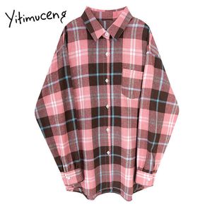 Yitimuceng Khaki Bluse Frauen Büro Dame Plus Größe Kleidung Langarm Plaid Shirts Frühling Koreanische Mode Casual Vintage Tops 210601