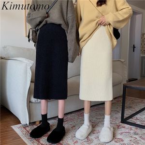 Kimutomo mulheres de malha saias outono inverno coreia moda senhoras selvagem sólido slim cintura alta a linha bodycon casual 210521