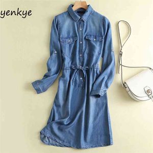 Vintage Blue Denim Dress Women Long Sleeve Lapel Collar Pockets Plus Size Casual Spring vestido APWM527 210514