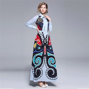 Spring Summer Runway Dress Vestidos Mexican Women Elegant Long Sleeve Vintage Geometric Print Belt Pleated Maxi 210603