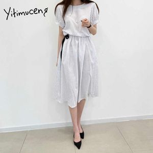 Yitimuceng Striped Dresses for Women Summer Button Up Bandage Midi Dress Korean Fashion A-Line Vit Enkel Sundress 210601