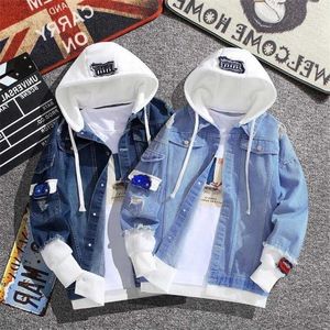 Hooded Basic Coat Bombers Vintage Fabric Patchwork Denim Jacket Women Cowboy Jeans Autumn Frayed Ripped Hole Jean 211014