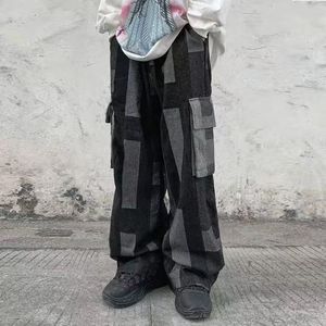 Kargo Tulumu Kadınlar toptan satış-Erkek Kot Orijinal Yüksek Sokak Renk Blok Denim Tulum Erkekler Ve Kadınlar Gevşek Düz Yıkanmış Retro Kargo Pantolon Artı Boyutu Pantolon