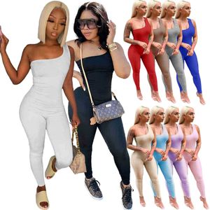 2022 Women Designer Jumpsuits Sexy One Shoulder Sleeveless Hip Lifting Sports Rompers Elegant Skinny Bodysuit Clubwear