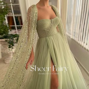 Party Dresses Sheer Fairy Mint Green High Slit Prom Aftonklänning med Cape Sleeve Luxury Beaded Dubai Kvinnor Formella klänningar för bröllop