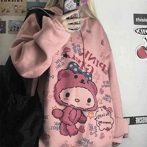 HOUZHOU Anime Hoodie Women Autumn Kawaii Fashion Sweatshirt Korean Long Sleeve Print Tops Vintage Oversized Cute 210805