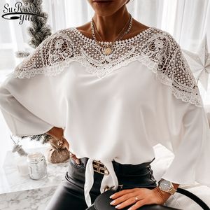 Sonbahar Dantel Beyaz Bluz Kadın O-Boyun Tığ Çiçek Uzun Kollu Gömlek Nakış Rahat Seksi Ofis Bayanlar Top Femme 12459 210427