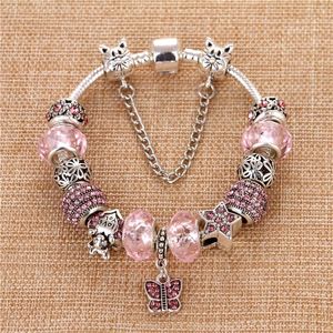 Charm Bracelets 2021 Butterfly Pendant Pink Crystal/Glass Rhinestone Beads Cute Elegant Charms Pan & Bangles For Women Gift