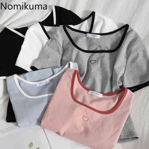 Nomikuma Kärlek Hjärta Broderad T Shirt Kvinnor All-Match Sommar Toppar High Street Korean Fashion Short Sleeve Tshirt Dam 210514