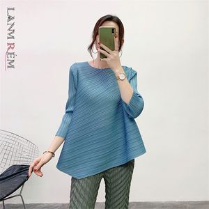 Wholesale three top for sale - Group buy LANMREM folded three quarter sleeve pleated t shirt for famale solid color irregular hem tops elastic round colalr tops YJ438
