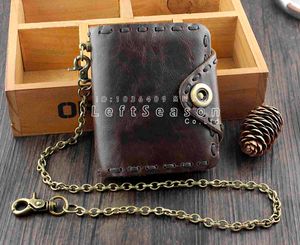 Wallet Mens fashion hight quality Vintage Bifold Snap Olied Real Cow Leather with Chain Coffee