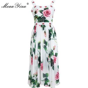 ファッションデザイナーのドレス夏の女性のドレスビーズ刺繍バラの花柄コットンパッチワークシフォンドレス210524