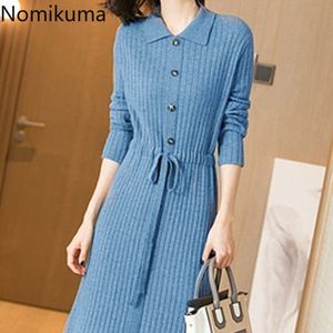 Nomikuma 슬림 허리 레이스 위로 스웨터 드레스 여성 솔리드 컬러 긴 소매 싱글 브레스트 겨울 드레스 Vestidos 3C617 210514