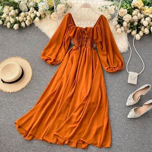 Fritidsklänningar Chic Elegant Maxiklänning med fyrkantig krage Kvinnor Kläder Solid Chiffong Puffärm Koreanskt mode Vintage Volang Vestidos