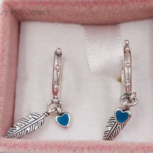 Authentic 100% 925 Sterling Silver Pandora Spiritual Feathers Dangle Turquoise Enamel Stud Earrings With Clear Cz Fits European 297205EN168