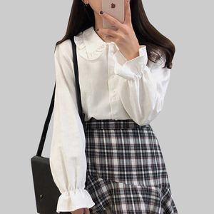 Ruffles Blouse Shirt Women Button Preppy Style Peter Pan Colla Blouses Ladies Long Sleeve White Woman Clothes Chemise Femme T200720