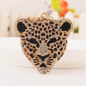 Moda Golden Leopard Head Metal Car Key Chain Mężczyźni Kryształ Key Ring Anime Brelok Akcesoria Kobiet Torba Wisiorek Prezent Biżuteria G1019