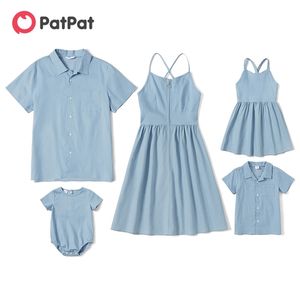 Summer Solid Light Blue Denim Series Sets(Sling Dresses - Button Front Shirts Rompers) 210528