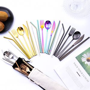 9 pcs Portable Flatware Set Cutlery Outdoor Travel Stainless Steel Dinnerware Sets With Storage Box And Bag Tableware