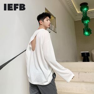 IEFB men's design long sleeve tee tops personalized open back hollow out casual round collar long sleeve T-shirt 9Y6592 210524